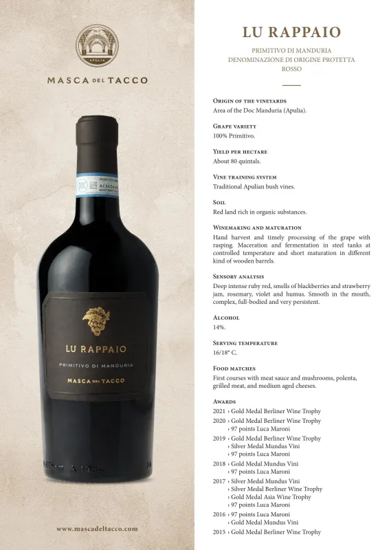 Primitivo di Manduria DOP Lu Rappaio - Masca del Tacco 0,75L ABV 14%
