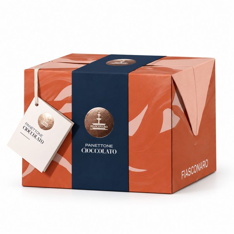 Fiasconaro Chocolate Panettone 750g in an orange gift box with navy band