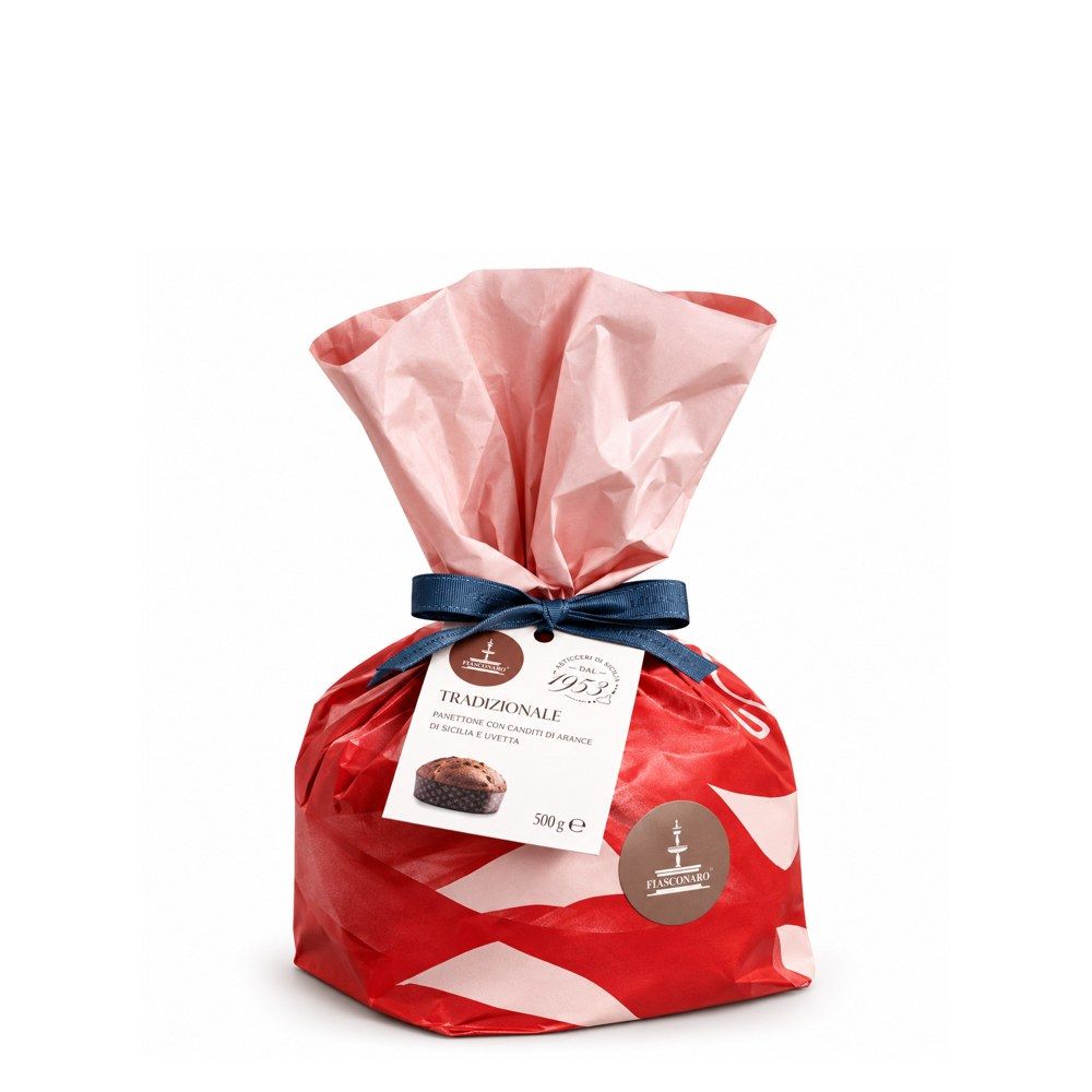Fiasconaro Tradizionale Panettone 500g, hand-wrapped in red and pale pink with a navy bow.