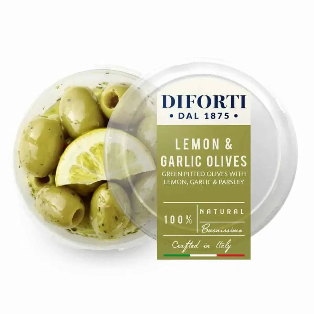 LEMON, GARLIC &amp; PARSLEY PITTED GREEN OLIVES - 180gr