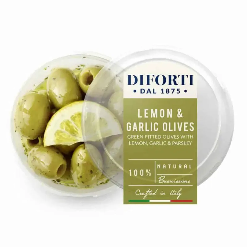 LEMON, GARLIC &amp; PARSLEY PITTED GREEN OLIVES - 180gr