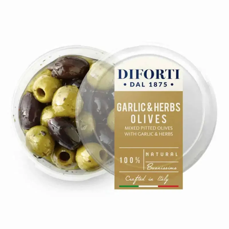 GARLIC &amp; HERBS MIXED PITTED OLIVES - 180gr