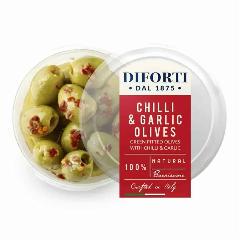 CHILLI &amp; GARLIC PITTED OLIVES - 180gr