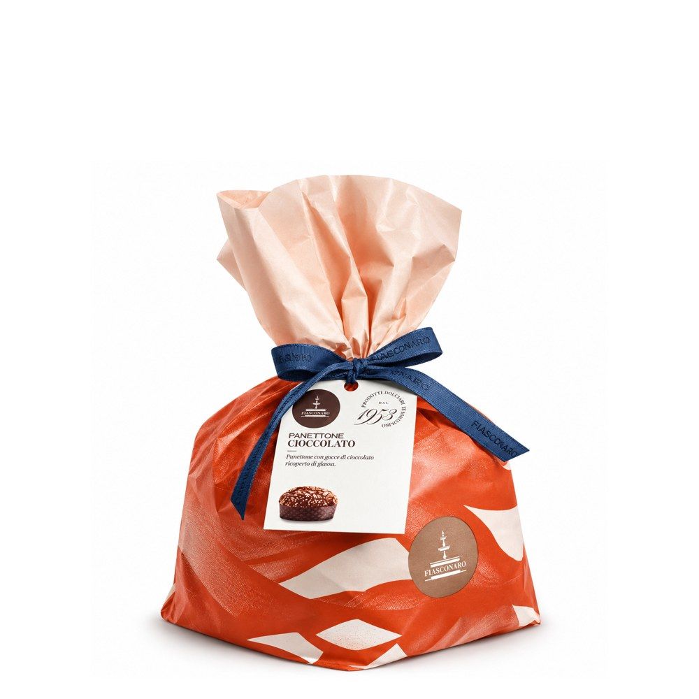 Fiasconaro Chocolate Panettone 500g, hand-wrapped in orange and cream with a navy bow.