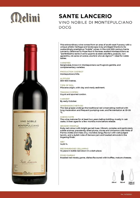 Vino Nobile di Montepulciano DOCG Sante Lancerio, Fattorie Melini - 0,75L AVB 14%