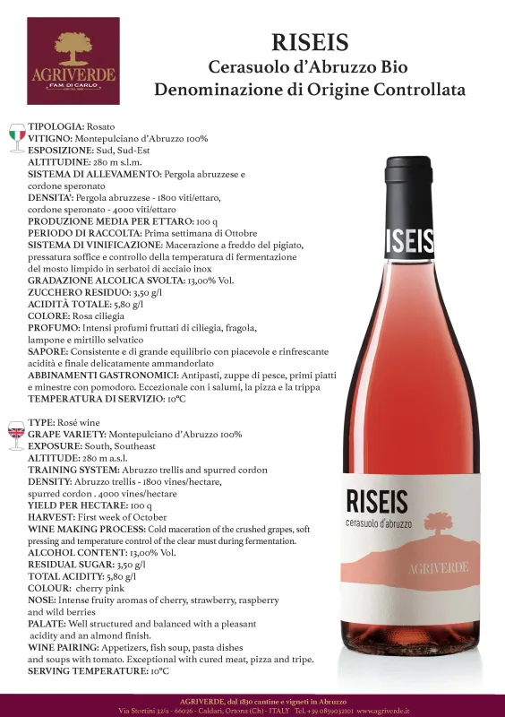 Cerasuolo D' Abruzzo DOC Riseis (Organic), Agriverde - 0,75L ABV 13%