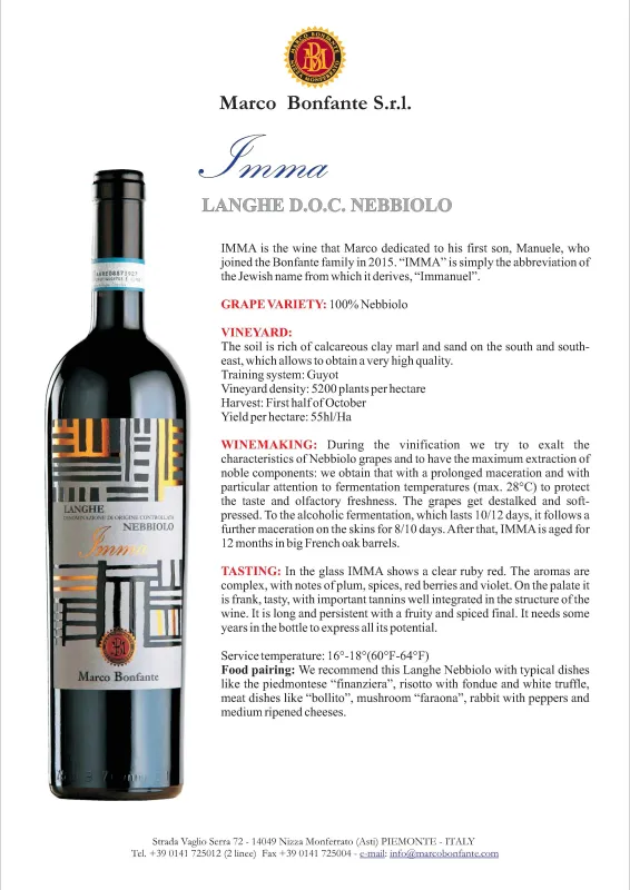 Langhe DOC Nebbiolo Imma, Marco Bonfante - 0,75L ABV 14%