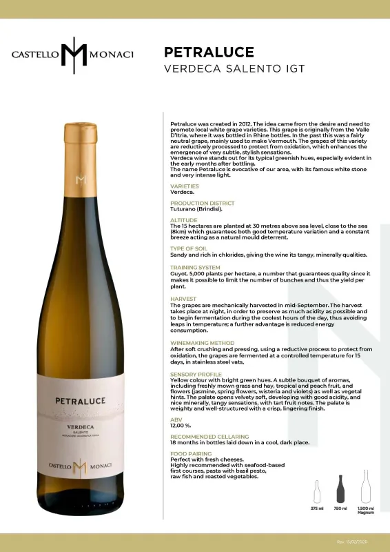 Petraluce Verdeca Salento IGT, Castello Monaci - 0,75L ABV 12%