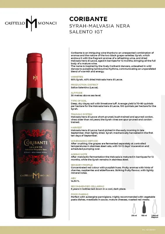 Coribante Syrah - Malvasia Nera Salento IGT- Castello Monaci 0,75L ABV 14.5%