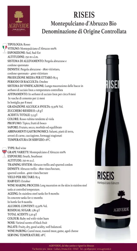 Montepulciano D' Abruzzo DOC Riseis (Organic), Agriverde - 0,75L ABV 13.5%