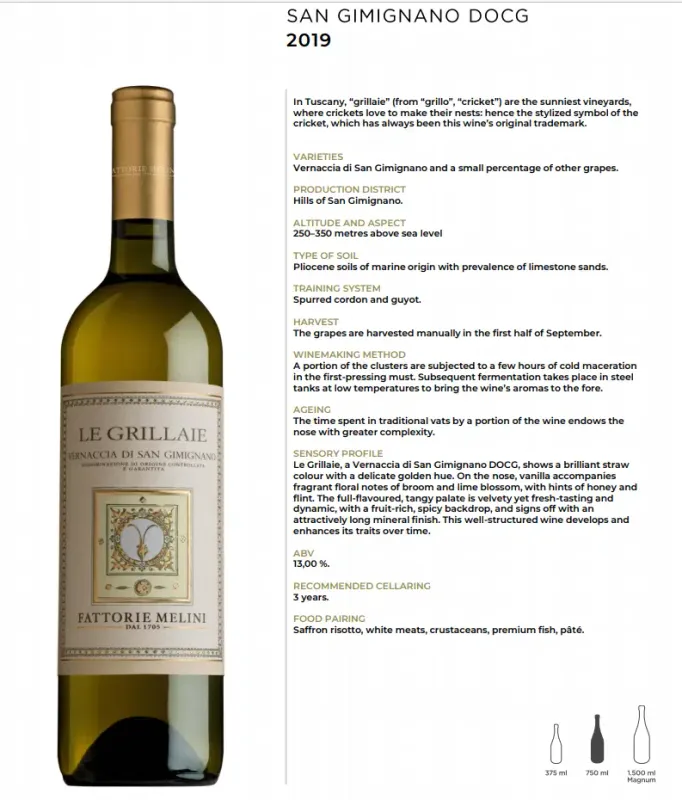Le Grillaie Vernaccia Di San Gimignano DOCG, Fattorie Melini - 0,75L ABV 13%