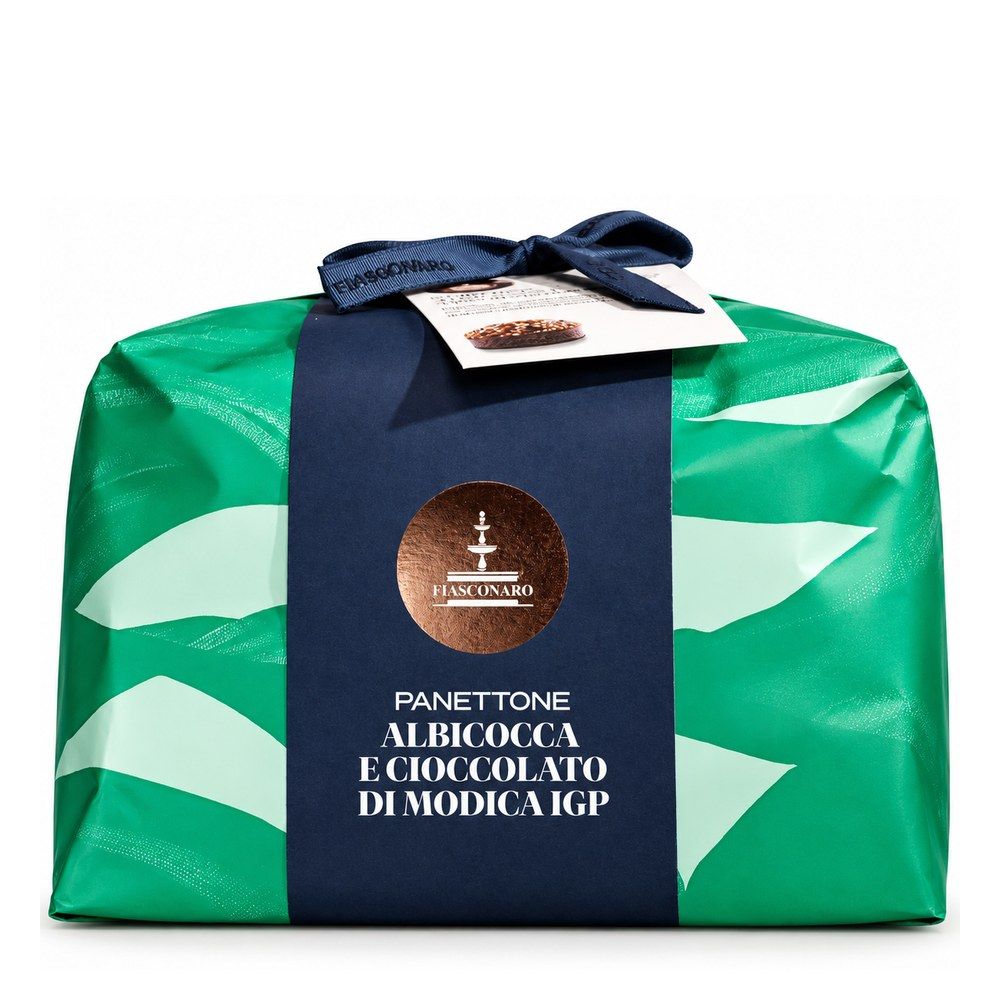 Fiasconaro Apricot and Modica Chocolate IGP Panettone 1kg in green and mint wrapping with a navy band and bow.