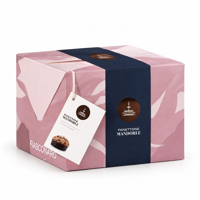 Fiasconaro Mandorle almond panettone 750g in a pink gift box with navy band