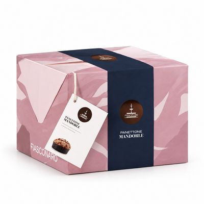 Fiasconaro Mandorle almond panettone 750g in a pink gift box with navy band