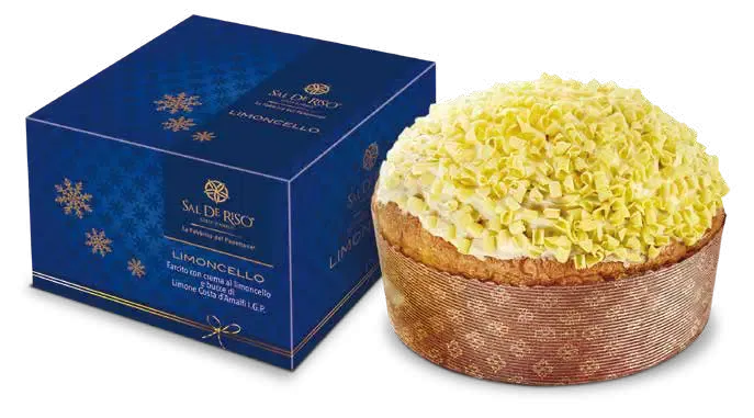 Sal De Riso Limoncello panettone 500g with yellow topping beside its blue gift box