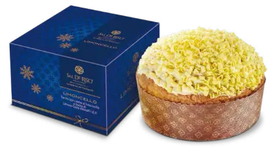 Sal De Riso Limoncello panettone 500g with yellow topping beside its blue gift box
