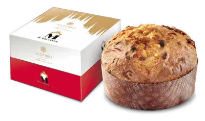 Sal De Riso Il Milanese traditional panettone 1kg beside its red, white and gold gift box