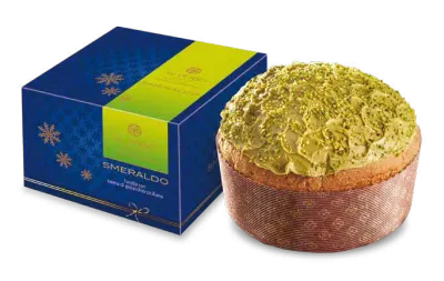 Sal De Riso Smeraldo pistachio panettone 500g beside its blue and green gift box