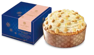 Sal De Riso Anna Ricotta e Pere panettone 500g beside its blue and peach gift box
