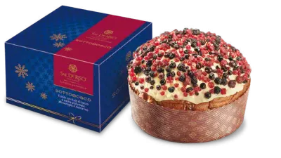 Sal De Riso Sottobosco berry-topped panettone 500g beside its blue and red gift box