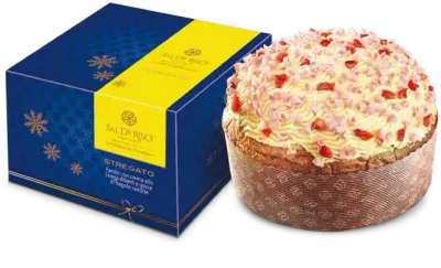 Sal De Riso Stregato panettone 500g with strawberry pieces and white topping beside its blue and yellow gift box