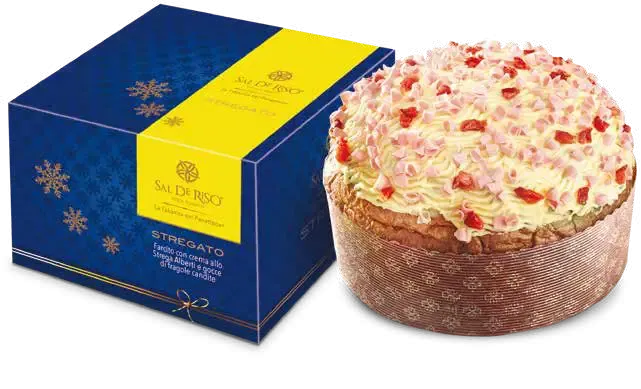 Sal De Riso Stregato panettone 500g with strawberry pieces and white topping beside its blue and yellow gift box