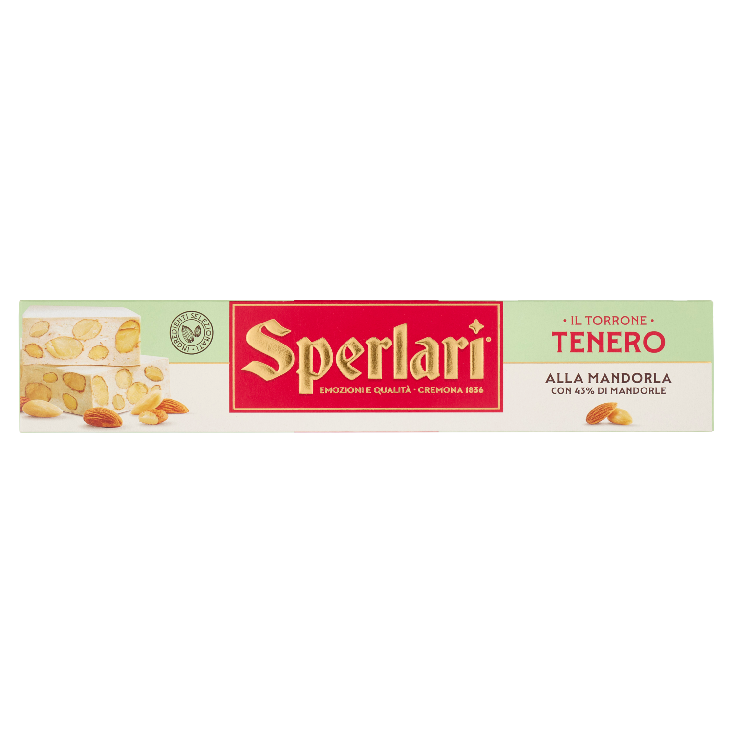 Sperlari Tenero almond torrone soft nougat 150g in a pale green, cream and red box, with 43% almonds