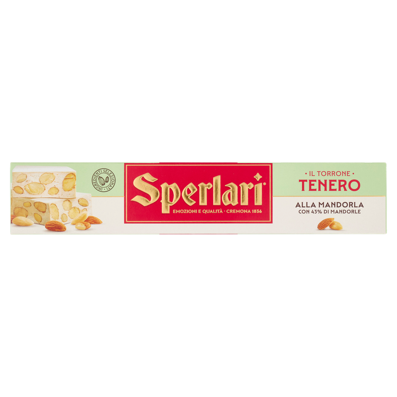 Sperlari Tenero almond torrone soft nougat 150g in a pale green, cream and red box, with 43% almonds