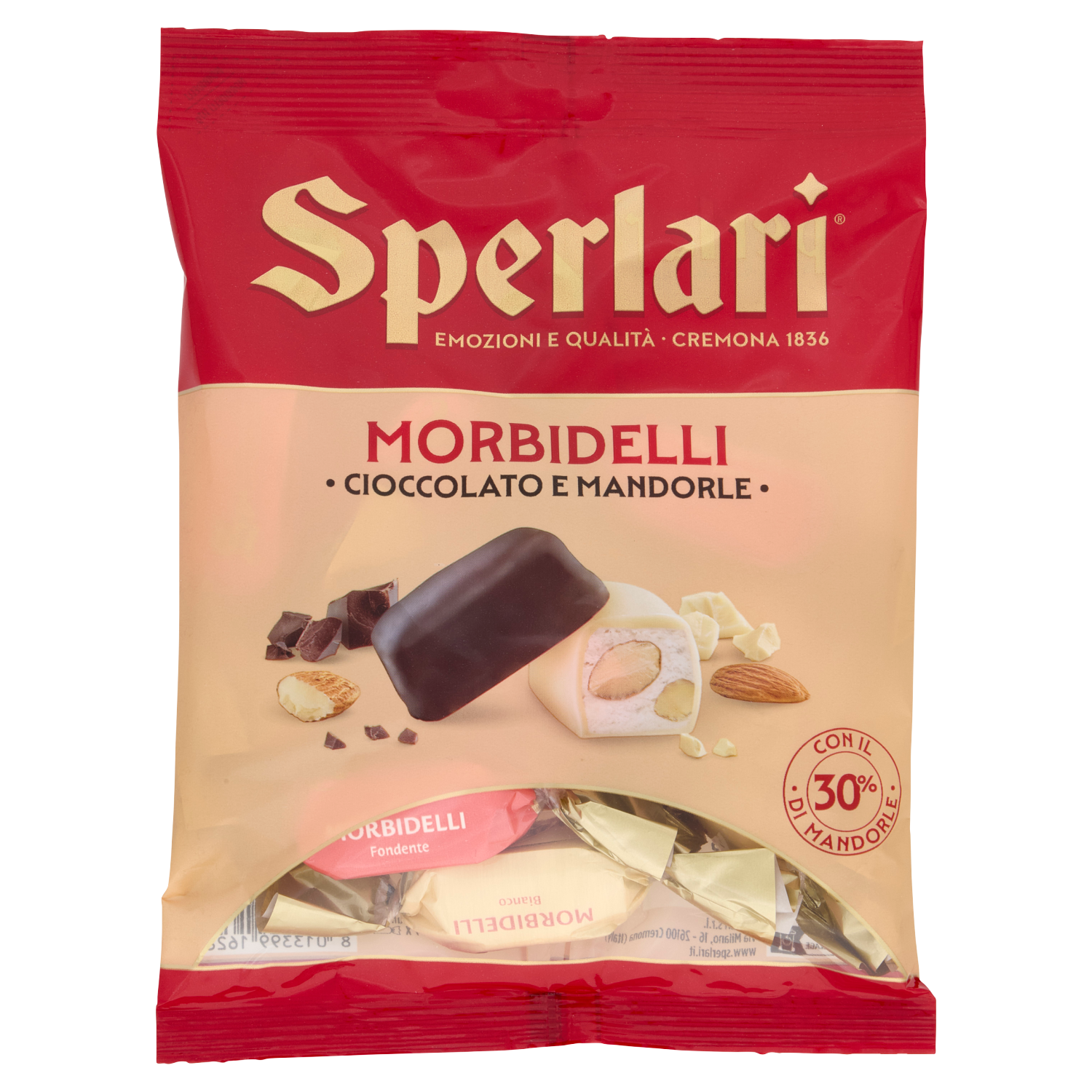 Sperlari Morbidelli chocolate and almond soft nougat 117g in a red and cream bag with individually wrapped pieces