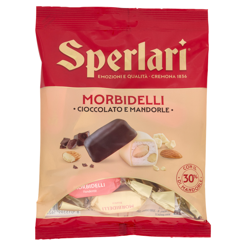 Sperlari Morbidelli chocolate and almond soft nougat 117g in a red and cream bag with individually wrapped pieces