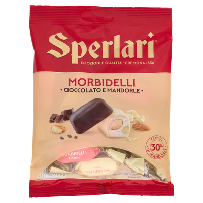 Sperlari Morbidelli chocolate and almond soft nougat 117g in a red and cream bag with individually wrapped pieces
