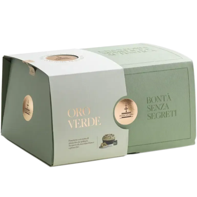 Fiasconaro Oro Verde pistachio panettone 1kg gift set in a sage-green box with a cream band