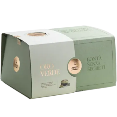 Fiasconaro Oro Verde pistachio panettone 1kg gift set in a sage-green box with a cream band