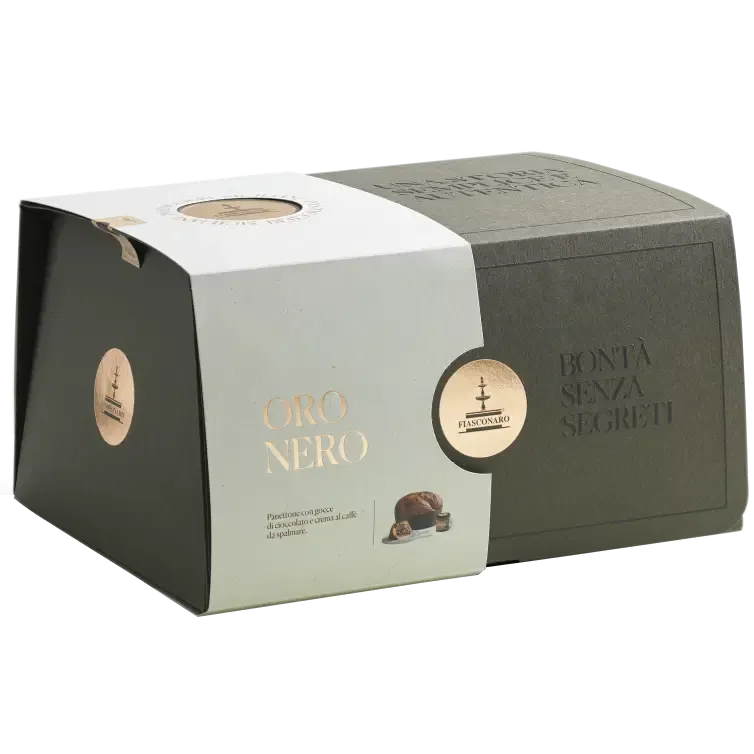 Fiasconaro Oro Nero coffee panettone 1kg gift set in a dark brown box with a cream band