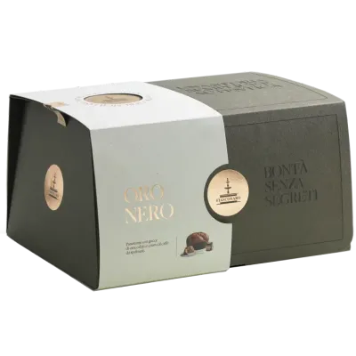 Fiasconaro Oro Nero coffee panettone 1kg gift set in a dark brown box with a cream band