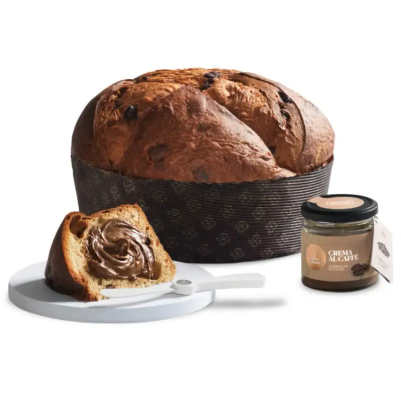 Fiasconaro Oro Nero chocolate-chip panettone with a slice, coffee cream jar and spreader