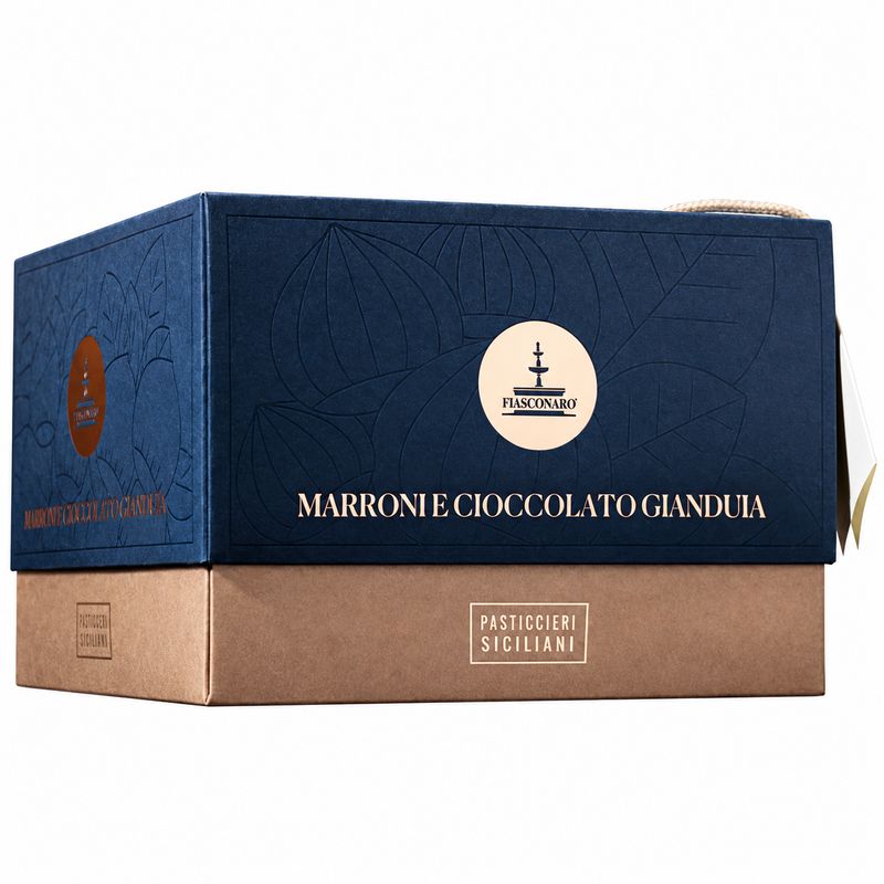 Fiasconaro Marron Noir 1kg chestnut and gianduja panettone in the navy Marroni e Cioccolato Gianduia gift box
