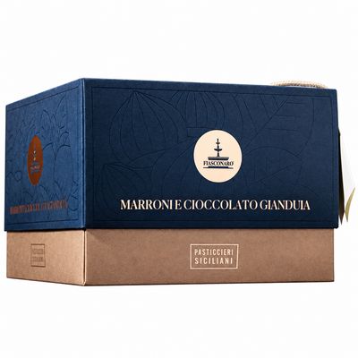 Fiasconaro Marron Noir 1kg chestnut and gianduja panettone in the navy Marroni e Cioccolato Gianduia gift box