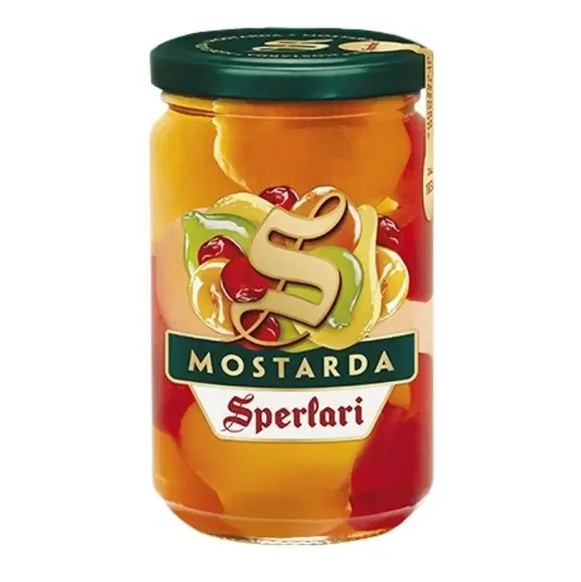 Sperlari Mostarda di Frutta, 380g jar of candied mixed fruit in mustard-flavoured syrup