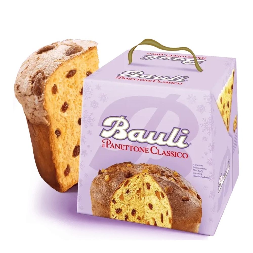 Bauli Panettone Classico 1kg in a lilac box beside a slice with raisins and candied orange.