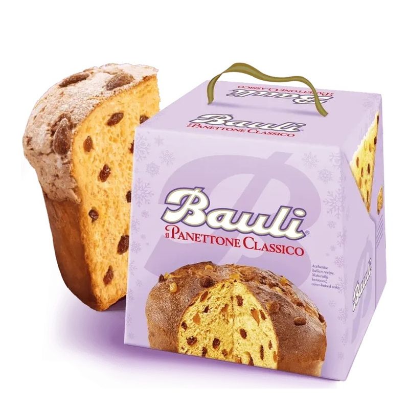 Bauli Panettone Classico 1kg in a lilac box beside a slice with raisins and candied orange.