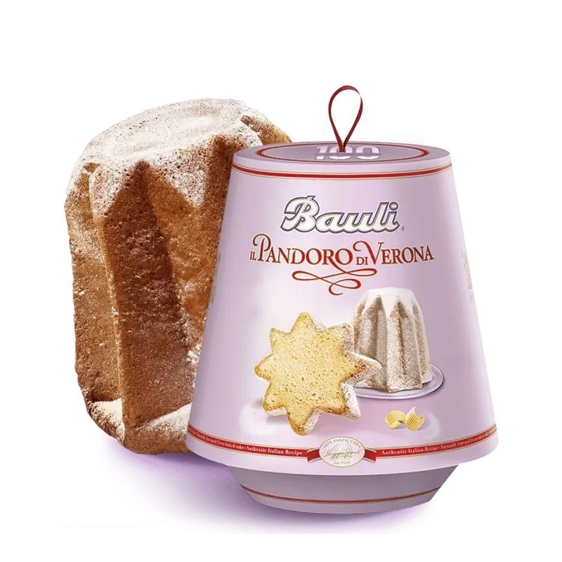 Bauli Pandoro di Verona 1kg in lilac packaging beside the golden, star-shaped cake.