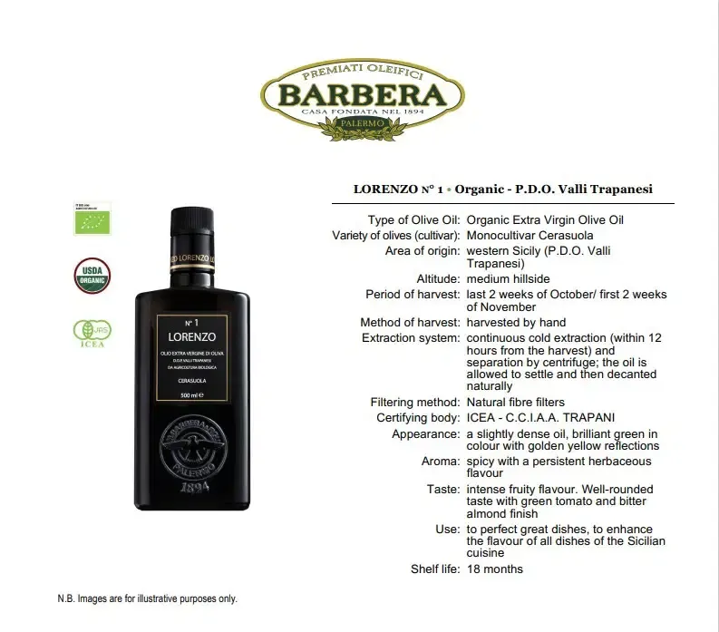 Lorenzo N°1 Organic Extra Virgin Olive Oil, P.D.O. Valli Trapanesi – 500ml