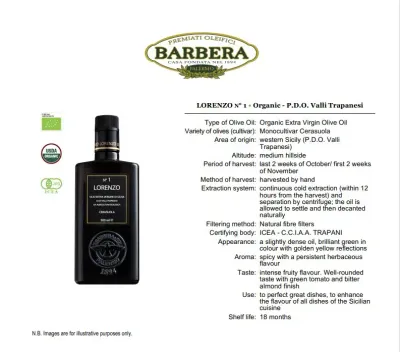 Lorenzo N°1 Organic Extra Virgin Olive Oil, P.D.O. Valli Trapanesi – 500ml