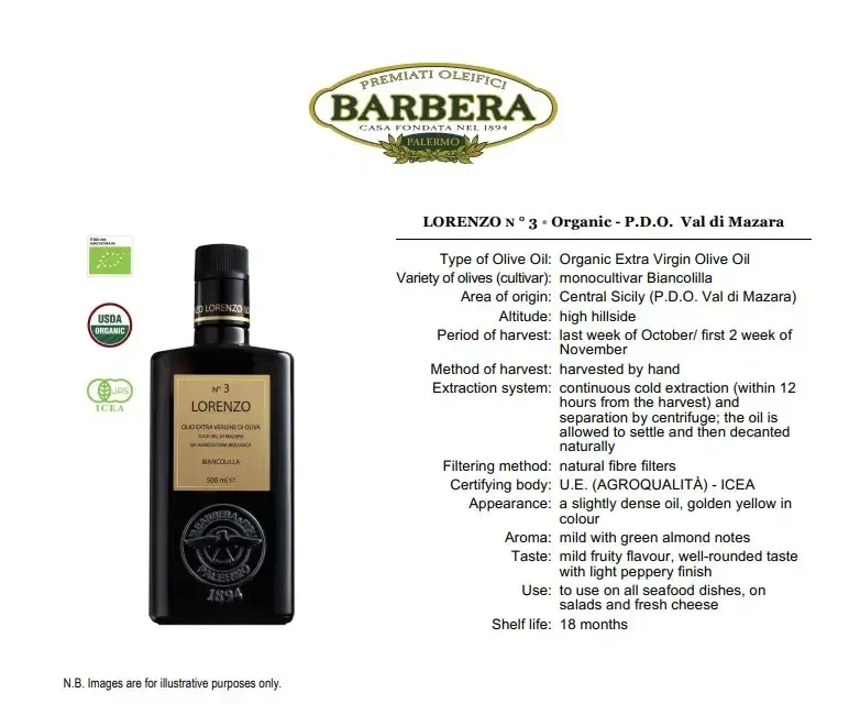 Lorenzo N°3 Organic Extra Virgin Olive Oil, P.D.O. Val di Mazara – 500ml