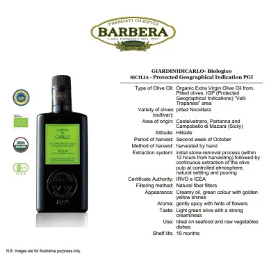 GIARDINI DI CARLO Organic Extra Virgin Olive Oil - 500ml