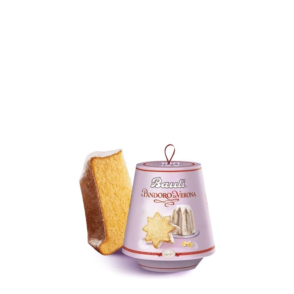 Bauli Mini Pandoro 100g in lilac packaging beside a slice of the golden cake.