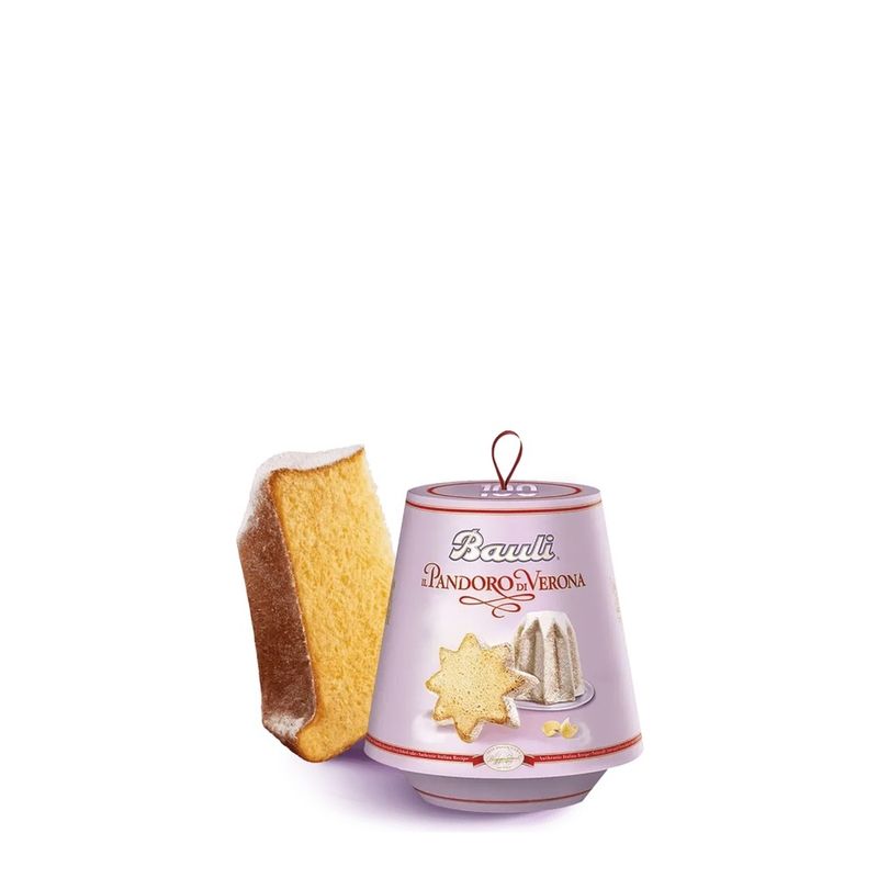 Bauli Mini Pandoro 100g in lilac packaging beside a slice of the golden cake.