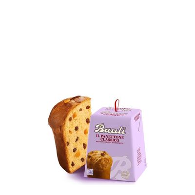 Bauli Mini Panettone – 90g Bauli Mini Panettone 90g in a lilac box beside a slice with raisins and candied orange.