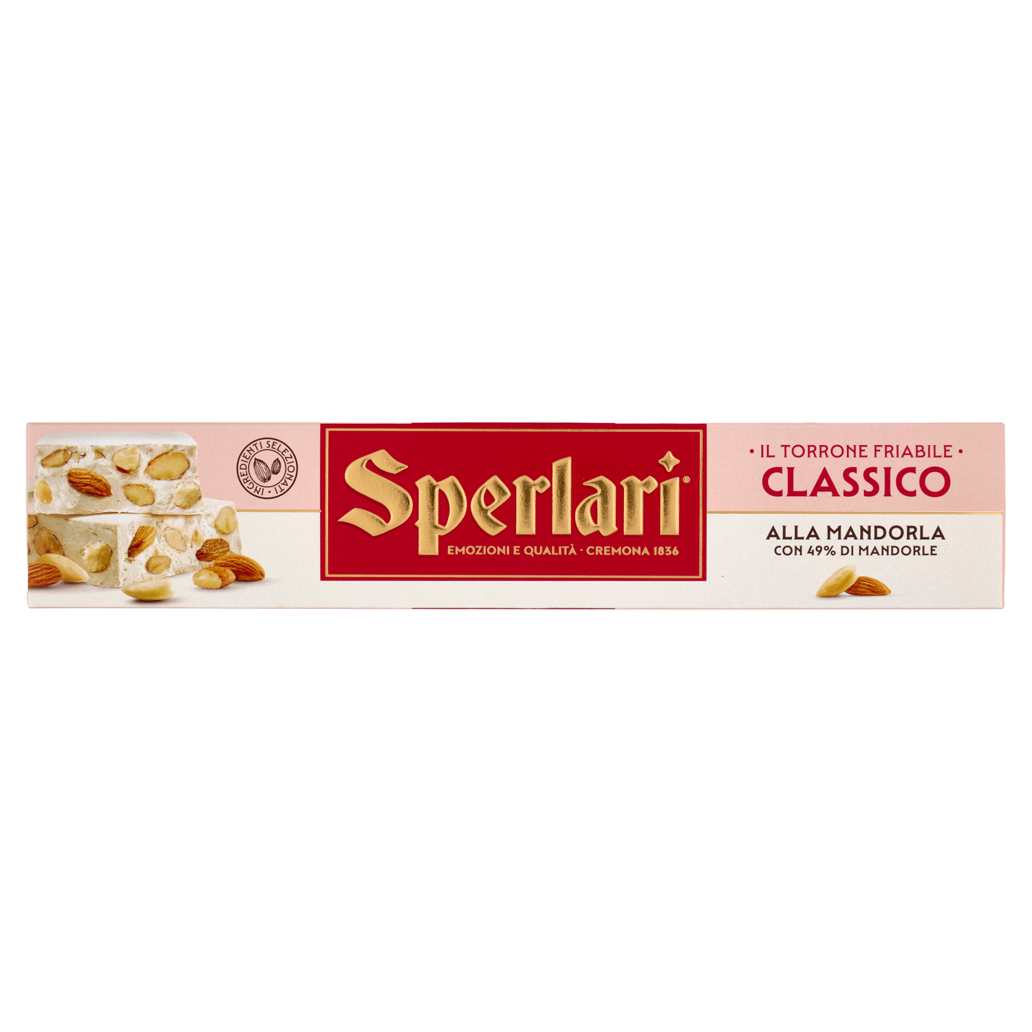 Sperlari Classico almond torrone 150g, pink, cream and red box of hard Italian nougat with 49% almonds